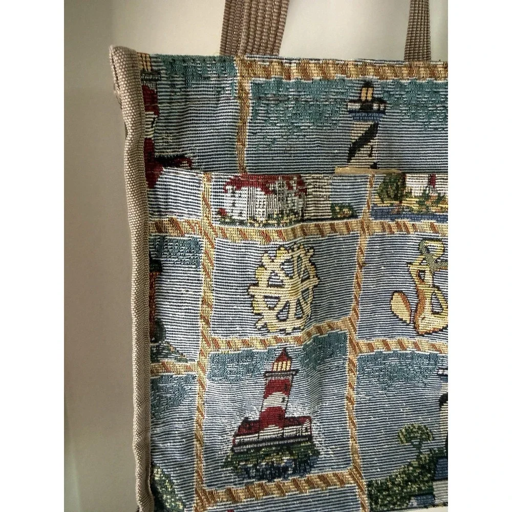 VTG Tapestry Tote Bag Nautical Lighthouse Costal Woven Shoulder Purse